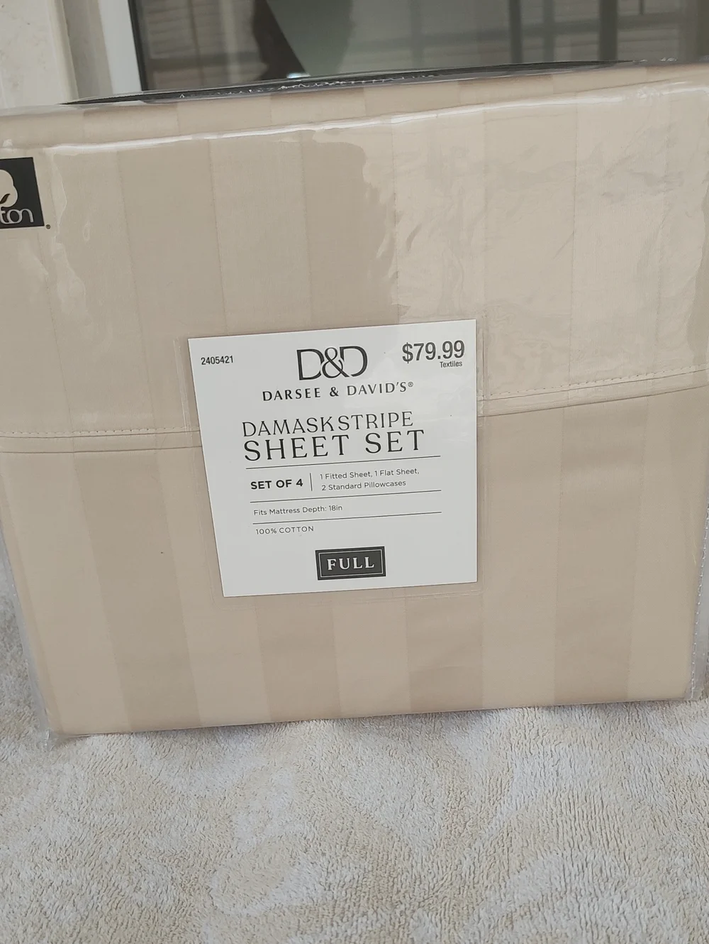 D&D Damask Stripe Sheet Set in Cream - Full